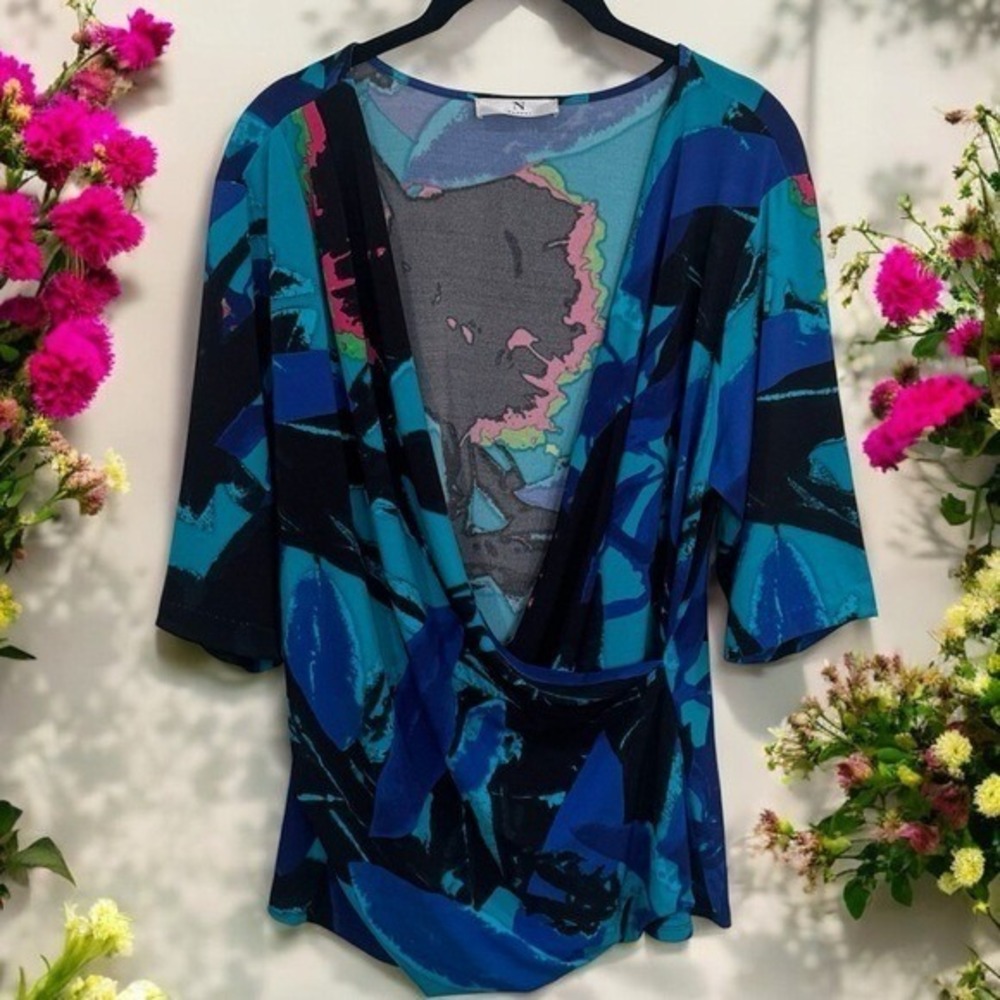 Natori Blue and Black Marbled Watercolor‎ Crossover Blouse Women's Size 1X